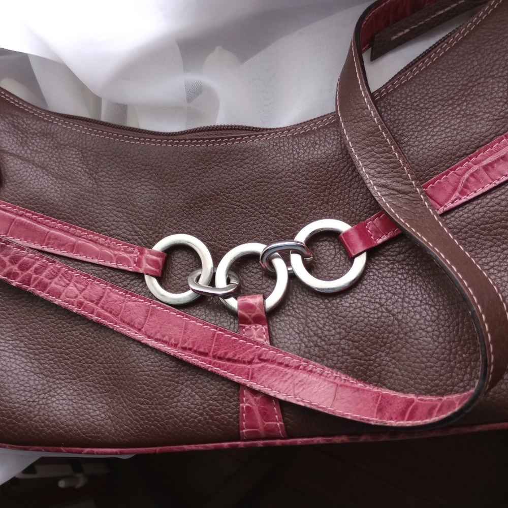 i santi Brown Grained & Raspberry Reptile Leather Shoulder Bag 12.5"x7.5